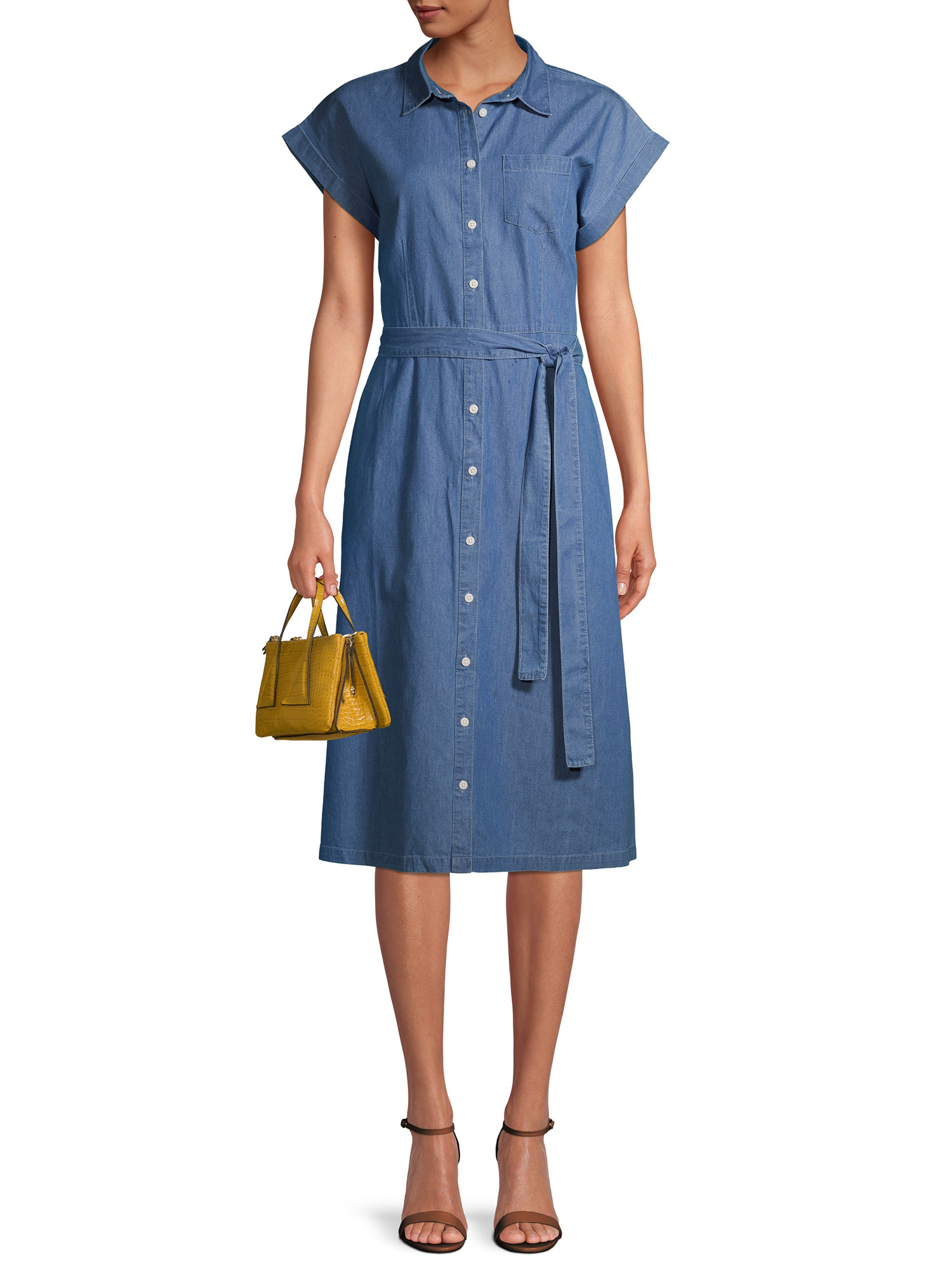 Time and Tru Women's Denim Belted Midi Shirt Dress